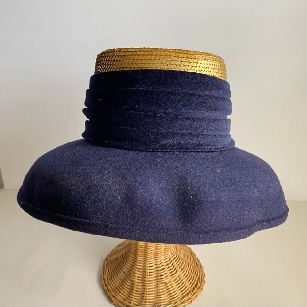 Vintage‎ 90s Whittall & Shon Wool Sequin Hat Navy Blue Gold Wide Brim - Picture 6 of 14